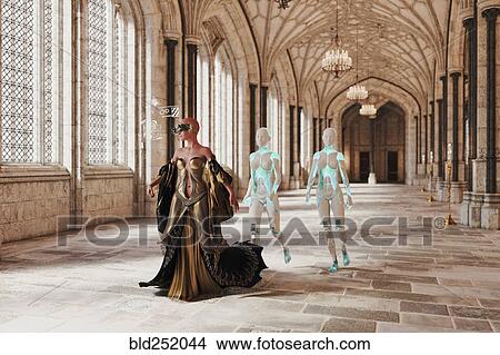 Picture - Robots following futuristic woman wearing virtual reality goggles. Fotosearch