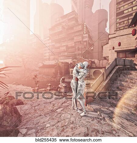 Stock Photography - Robots hugging in city. Fotosearch