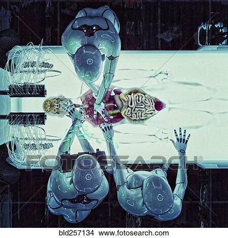 Picture - Robots operating on organs of transparent android. Fotosearch