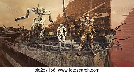 Stock Photograph - Robots standing on dilapidated building. Fotosearch