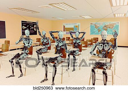 Robots students sitting in classroom raising hands View Large Photo Image Stock Image - Robots students sitting in classroom raising hands. Fotosearch