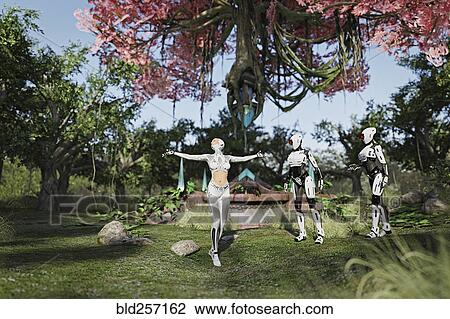 Stock Image - Robots watching android woman enjoying garden. Fotosearch