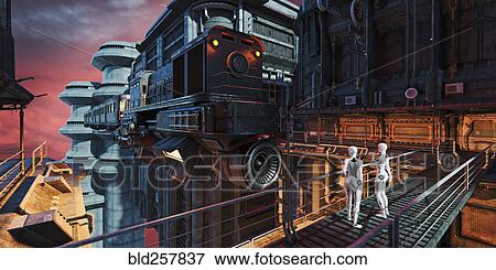 Robots watching flying train in futuristic city View Large Photo Image Stock Photo - Robots watching flying train in futuristic city. Fotosearch