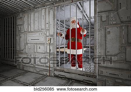 Stock Photography - Santa standing in futuristic jail cell. Fotosearch