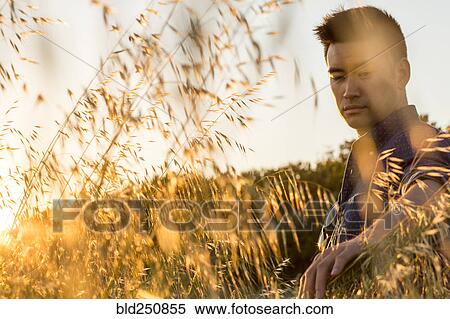 Stock Photography - Serious Chinese man sitting in field of wheat. Fotosearch