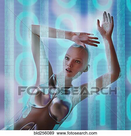 Stock Photo - Serious futuristic woman in binary code wall. Fotosearch