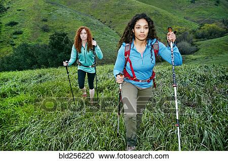Stock Image - Serious women hiking with walking sticks. Fotosearch