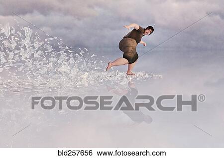 Shards breaking from floor behind overweight running woman View Large Photo Image Stock Photograph - Shards breaking from floor behind overweight running woman. Fotosearch