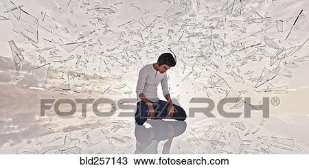 Shards of glass surrounding kneeling man View Large Photo Image Stock Image - Shards of glass surrounding kneeling man. Fotosearch