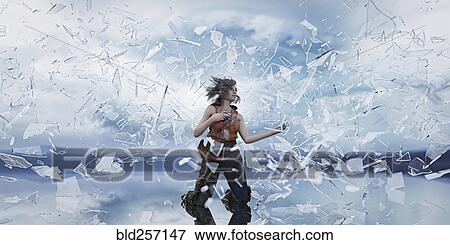 Stock Photo - Shards of glass surrounding kneeling woman. Fotosearch