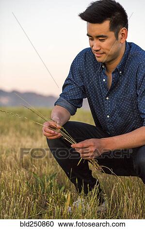 Smiling Chinese man crouching and holding grass in field View Large Photo Image Stock Image - Smiling Chinese man crouching and holding grass in field. Fotosearch