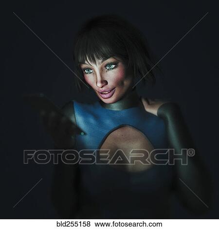 Stock Photo - Smiling futuristic woman texting on cell phone. Fotosearch
