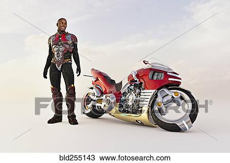 Smiling man standing near futuristic motorcycle View Large Photo Image Stock Image - Smiling man standing near futuristic motorcycle. Fotosearch