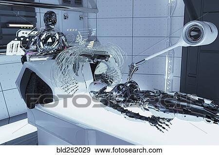 Stock Photo - Smiling robot man building robot woman. Fotosearch