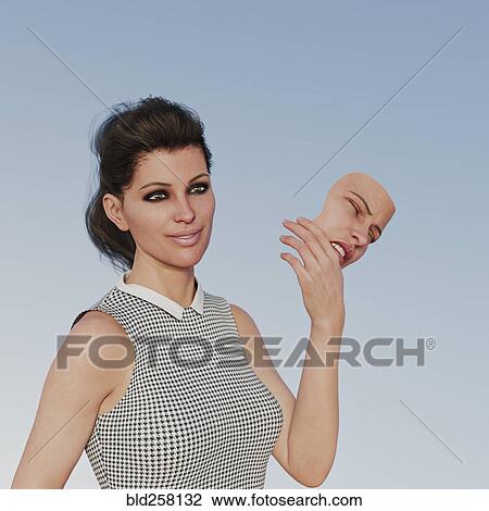 Smiling woman holding pain mask View Large Photo Image Stock Image - Smiling woman holding pain mask. Fotosearch