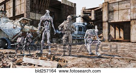 Soldier and military robots standing near rubble View Large Photo Image Picture - Soldier and military robots standing near rubble. Fotosearch