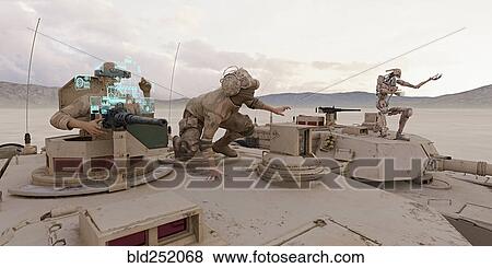 Stock Photo - Soldiers and robot on tank wearing virtual reality goggles. Fotosearch