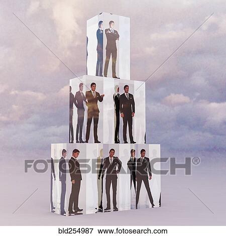 Stock Photo - Stack of cubes with businessmen trapped inside. Fotosearch