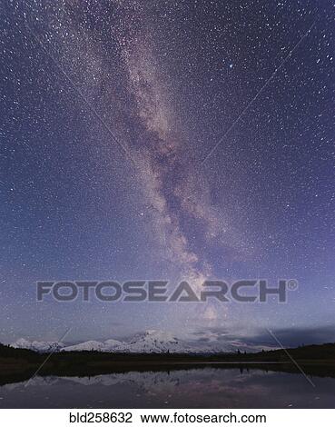 Stock Image - Starry sky over mountain and lake. Fotosearch