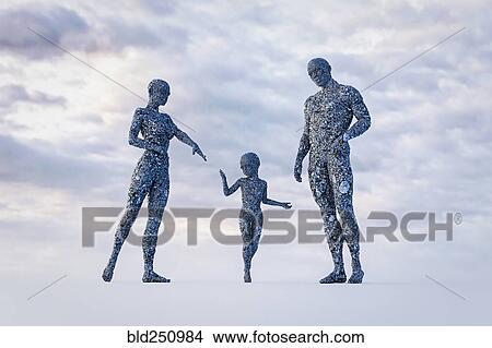 Picture - Stone couple with daughter crouching under cloudy sky. Fotosearch
