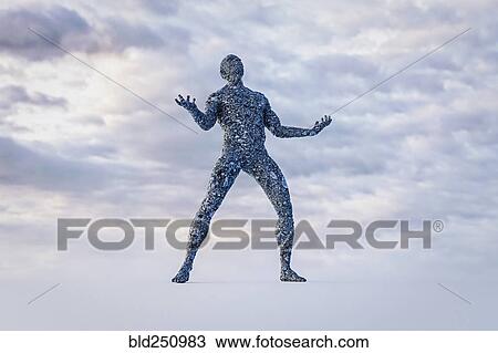 Stock Image - Stone man gesturing anguish under cloudy sky. Fotosearch