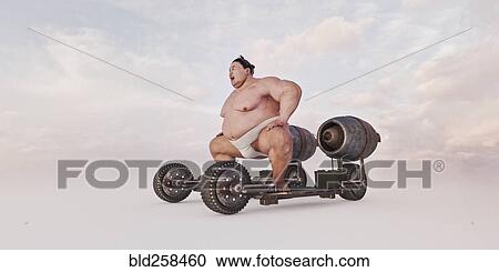 Stock Image - Sumo wrestler riding futuristic skateboard. Fotosearch