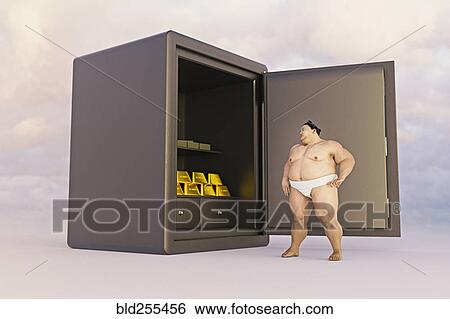 Stock Photograph - Sumo wrestler watching gold in safe. Fotosearch