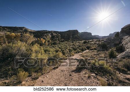 Stock Photograph - Sun in blue sky over desert. Fotosearch