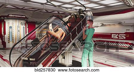 Stock Image - Surgeon standing near woman on futuristic operating table. Fotosearch