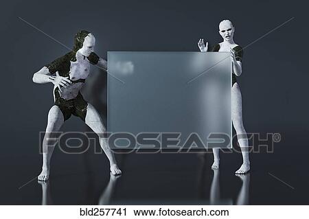 Surprised androids looking at blank transparent sign View Large Photo Image Stock Image - Surprised androids looking at blank transparent sign. Fotosearch