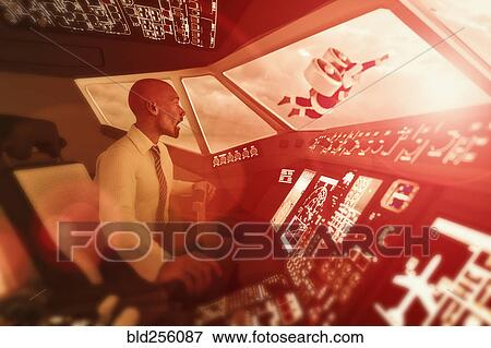 Stock Photo - Surprised pilot watching flying Santa outside windshield. Fotosearch