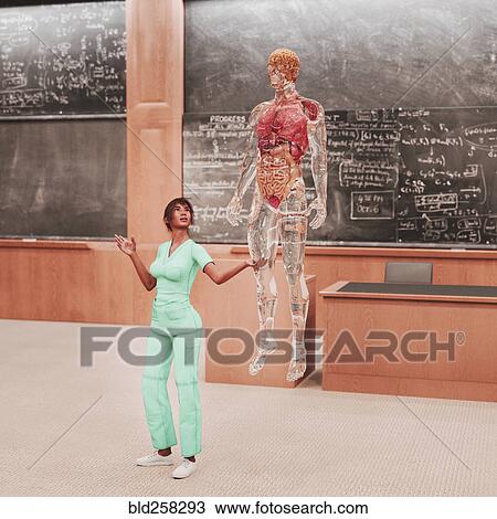 Stock Image - Teacher looking at organs of transparent hologram man. Fotosearch