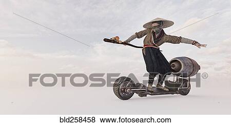 Stock Photo - Traditional farmer riding futuristic skateboard. Fotosearch