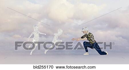 Stock Image - Transparent children running to woman wearing virtual reality goggles. Fotosearch