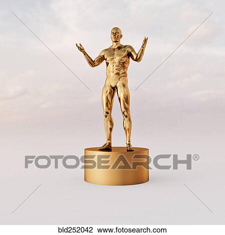 Uncertain golden man gesturing on pedestal View Large Photo Image Stock Image - Uncertain golden man gesturing on pedestal. Fotosearch