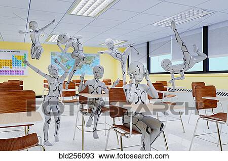 Stock Image - Unruly robot children in classroom. Fotosearch