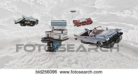 Vintage cars flying near futuristic gas station View Large Photo Image Stock Photograph - Vintage cars flying near futuristic gas station. Fotosearch