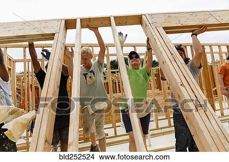 Picture - Volunteers lifting framed wall at construction site. Fotosearch