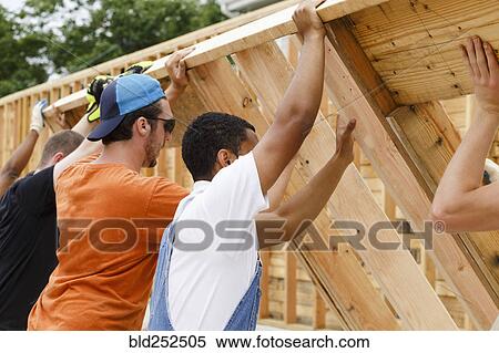 Volunteers lifting framed wall at construction site View Large Photo Image Stock Photography - Volunteers lifting framed wall at construction site. Fotosearch