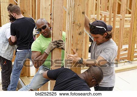 Volunteers listing framed wall at construction site View Large Photo Image Stock Photography - Volunteers listing framed wall at construction site. Fotosearch