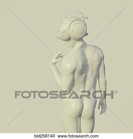 Stock Image - White muscular man wearing virtual reality goggles looking back. Fotosearch