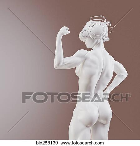 Stock Photo - White muscular woman wearing virtual reality goggles flexing muscles. Fotosearch