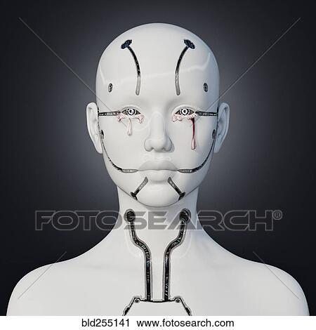 Stock Image - White robot crying. Fotosearch