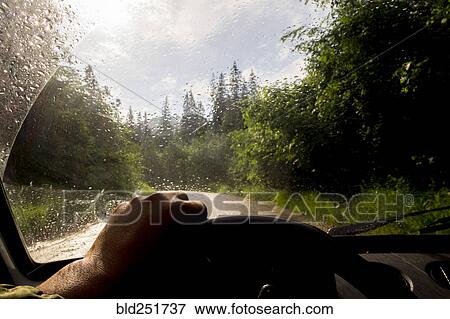 Stock Photo - Windshield of car driving in rain. Fotosearch
