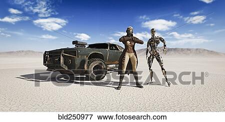 Woman and robot near car in desert View Large Photo Image Stock Photo - Woman and robot near car in desert. Fotosearch