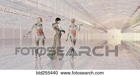 Stock Image - Woman and robots in futuristic corridor. Fotosearch