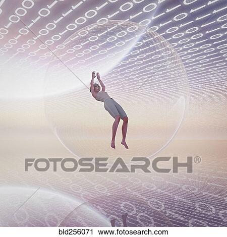 Stock Image - Woman floating in sphere in binary code. Fotosearch