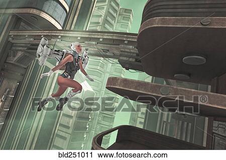 Woman flying in futuristic city View Large Photo Image Stock Image - Woman flying in futuristic city. Fotosearch