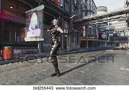 Stock Image - Woman in futuristic city watching screen with virtual reality goggles. Fotosearch