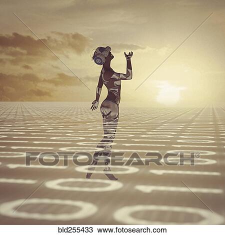 Stock Image - Woman standing in binary code wearing virtual reality goggles. Fotosearch